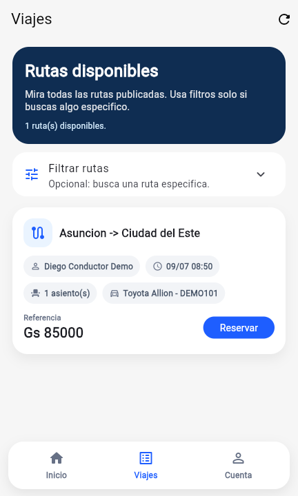 Pantalla real de rutas disponibles en Traker